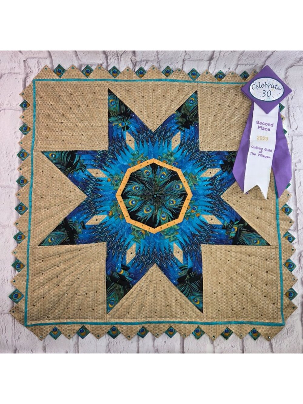 Quilted Wall Hanging Peacock Themed Rhinestone Accents 2nd Place Award Winning 2